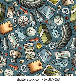 Cartoon cute hand drawn Traveling seamless pattern. Colorful detailed, with lots of objects background. Endless funny vector illustration. Bright colors travel planning backdrop.