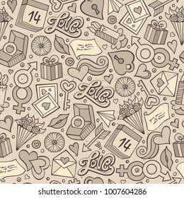 Cartoon cute hand drawn Valentine's Day seamless pattern. Illustration with lots of elements. Endless funny vector background