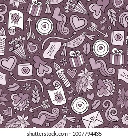 Cartoon cute hand drawn Valentine's Day seamless pattern. Illustration with lots of elements. Endless funny vector background
