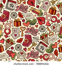 Cartoon cute hand drawn Valentine's Day seamless pattern. Illustration with lots of elements. Endless funny vector background