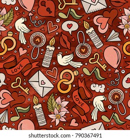 Cartoon cute hand drawn Valentine's Day seamless pattern. Illustration with lots of elements. Endless funny vector background
