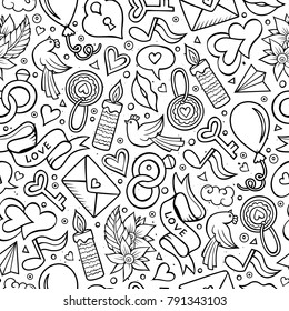 Cartoon cute hand drawn Valentine's Day seamless pattern. Illustration with lots of elements. Endless funny vector background