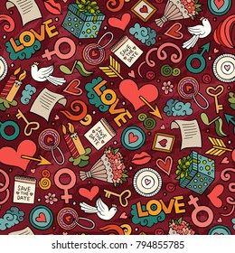 Cartoon cute hand drawn Valentine's Day seamless pattern. Illustration with lots of elements. Endless funny vector background