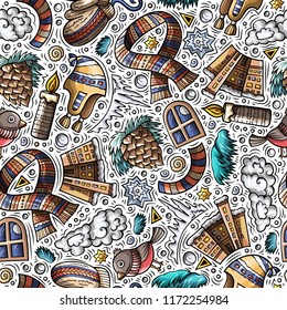 Cartoon cute hand drawn Winter season seamless pattern. Colorful detailed, with lots of objects background. Endless funny vector illustration. Bright colors backdrop