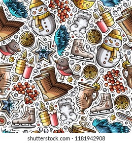 Cartoon cute hand drawn Winter season seamless pattern. Colorful detailed, with lots of objects background. Endless funny vector illustration. Bright colors backdrop