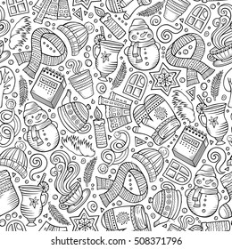 Cartoon cute hand drawn Winter season seamless pattern. Line art detailed, with lots of objects background. Endless funny vector illustration. Sketchy backdrop