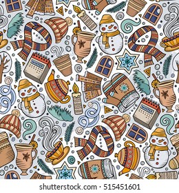 Cartoon cute hand drawn Winter season seamless pattern. Colorful detailed, with lots of objects background. Endless funny vector illustration. Bright colors backdrop