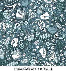 Cartoon cute hand drawn Winter season seamless pattern. Line art detailed, with lots of objects background. Endless funny vector illustration. Sketch backdrop