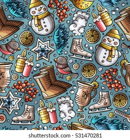 Cartoon cute hand drawn Winter season seamless pattern. Colorful detailed, with lots of objects background. Endless funny vector illustration. Bright colors backdrop