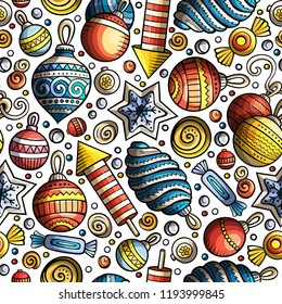 Cartoon cute hand drawn Xmas seamless pattern. Colorful with lots of objects background. Endless funny vector illustration