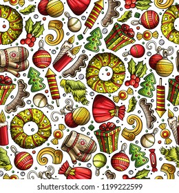 Cartoon cute hand drawn Xmas seamless pattern. Colorful with lots of objects background. Endless funny vector illustration