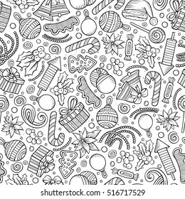 Cartoon cute hand drawn Xmas seamless pattern. Line art with lots of objects background. Endless funny vector illustration