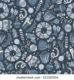 Cartoon cute hand drawn Xmas seamless pattern. Line art with lots of objects background. Endless funny vector illustration