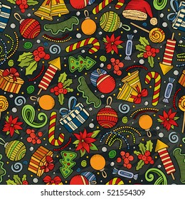 Cartoon cute hand drawn Xmas seamless pattern. Colorful with lots of objects background. Endless funny vector illustration