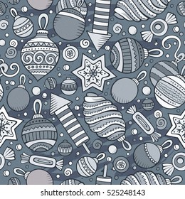Cartoon cute hand drawn Xmas seamless pattern. Line art with lots of objects background. Endless funny vector illustration