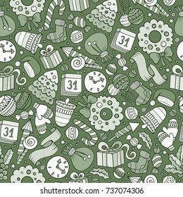 Cartoon cute hand drawn Xmas seamless pattern. Line art with lots of objects background. Endless funny vector illustration