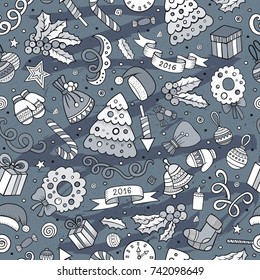 Cartoon cute hand drawn Xmas seamless pattern. Line art with lots of objects background. Endless funny vector illustration
