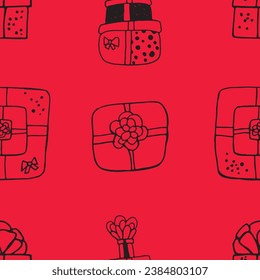 Cartoon cute handdrawn doodles.Vector seamless pattern of gifts.Ideal for holiday and Christmas design,card,poster,label, print, scrapbooking,stamp,decoration,web banner,website header etc.