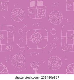 Cartoon cute handdrawn doodles.Vector seamless pattern of gifts.Ideal for holiday and Christmas design,card,poster,label, print, scrapbooking,stamp,decoration,web banner,website header etc.