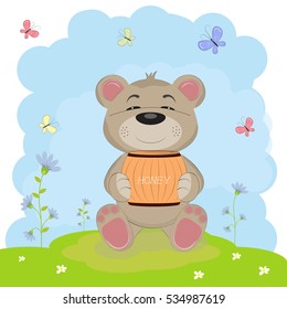 Cartoon a cute happy bear sits on the ground.  Flat outlline style for posters, invitations, post cards.