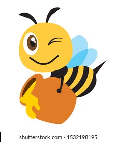 Cartoon Cute Happy Bee Carry A Big Honey Pot Fill With Fresh Organic Honey - Flat Art Vector Character