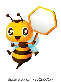 Cartoon cute happy bee character holding empty honeycomb shaped signboard. Protect the environment concept vector illustration