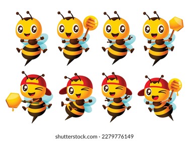 Caricatura adorable personaje de abeja feliz con diferentes poses. Abeja linda sosteniendo el goteador de miel y el palo de peine de miel y mostrando el signo de la mano de la victoria. Conjunto de mascota final del vector