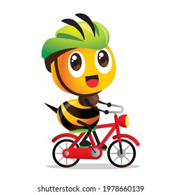 Cartoon cute happy bee cycling red bicycle with green safety helmet vector mascot