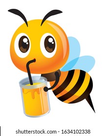 Cartoon cute happy bee drinking a big glass of honey drinks  - Vector bee character