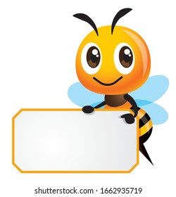 Cartoon cute happy bee is holding a white empty signboard with yellow stripe - vector character