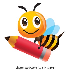 Cartoon cute happy bee mascot carrying a big red pencil - Vector illustration isolated