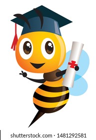 Cartoon cute happy bee mascot wears graduation cap and holding a graduation certificate - Vector illustration isolated