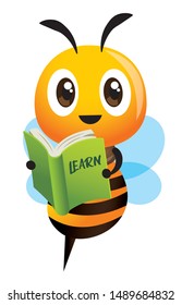 Cartoon cute happy bee mascot carrying a green learning book. Back to school - Vector illustration isolated