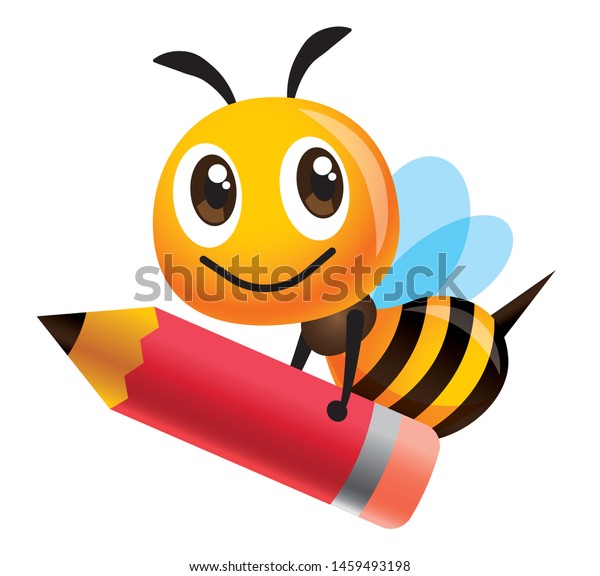 大きな赤い鉛筆を持つ 漫画のかわいいハチのマスコット ベクターイラスト のベクター画像素材 ロイヤリティフリー