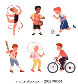 Cartoon cute happy boy girl run, child play football soccer, baseball and tennis, jump rope, active young children characters isolated on white. Kids doing sports exercises set vector illustration.