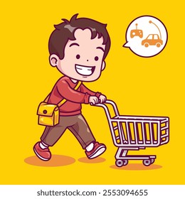 Cartoon cute happy boy shopping vector illustation