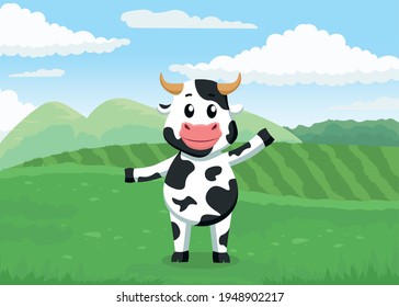 Cartoon cute and happy cow smiling on the field