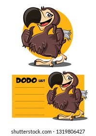 Cartoon cute happy Dodo bird character showing GOOD hand signs and to do list signage or signboard. Dodo bird Vector mascot set.