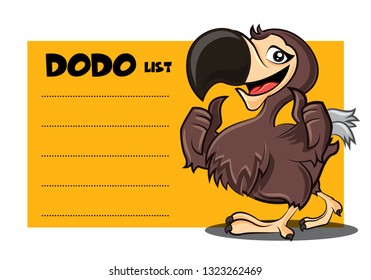 Cartoon cute happy Dodo bird character with signage or signboard. Vector mascot illustration. To do list yellow board.