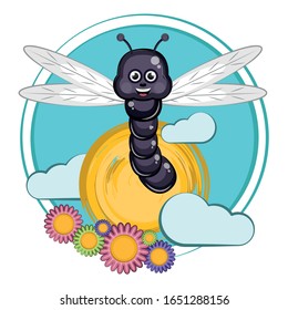 Cartoon of a cute happy dragonfly with flowers - Vector
