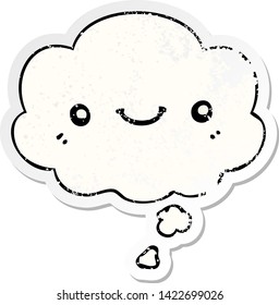 cartoon cute happy face with thought bubble as a distressed worn sticker