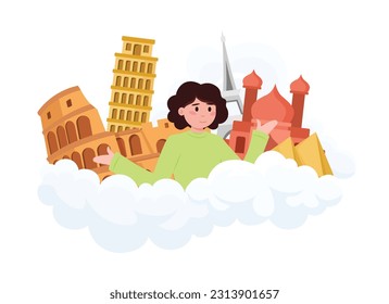 Cartoon cute happy girl dreams of visiting most popular tourist places in world. Visiting sightseeing during trip. Vector illustration on white background