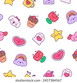 Cartoon cute happy kawaii characters. Seamless pattern. Lifestyle. Hand drawn style. Vector drawing. Design ornaments.