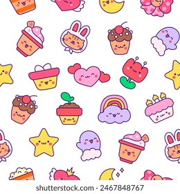 Cartoon cute happy kawaii characters. Seamless pattern. Lifestyle. Hand drawn style. Vector drawing. Design ornaments.