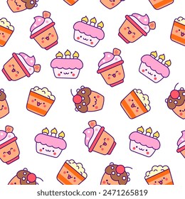 Cartoon cute happy kawaii characters. Seamless pattern. Lifestyle. Hand drawn style. Vector drawing. Design ornaments.