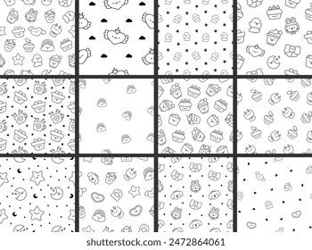 Cartoon cute happy kawaii characters. Seamless pattern. Coloring Page. Lifestyle. Hand drawn style. Vector drawing. Collection of design ornaments.
