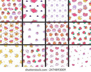 Cartoon cute happy kawaii characters. Seamless pattern. Lifestyle. Hand drawn style. Vector drawing. Collection of design ornaments.