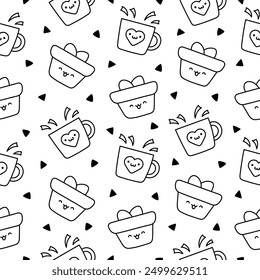 Cartoon cute happy kawaii characters. Seamless pattern. Coloring Page. Lifestyle. Hand drawn style. Vector drawing. Design ornaments.