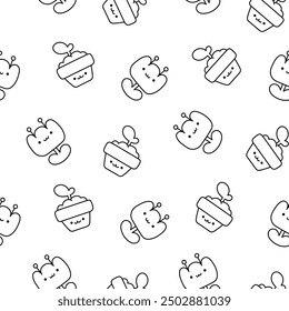 Cartoon cute happy kawaii characters. Seamless pattern. Coloring Page. Lifestyle. Hand drawn style. Vector drawing. Design ornaments.