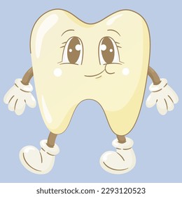 Cartoon cute happy kid tooth.70s, 80s, retro style.Dental concept, vector image for poster, sticker, print